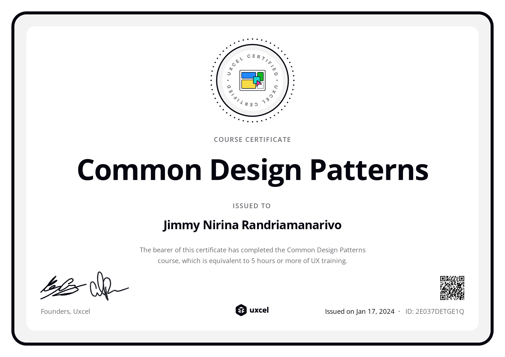 Nirina Randriamanarivo's certificate
